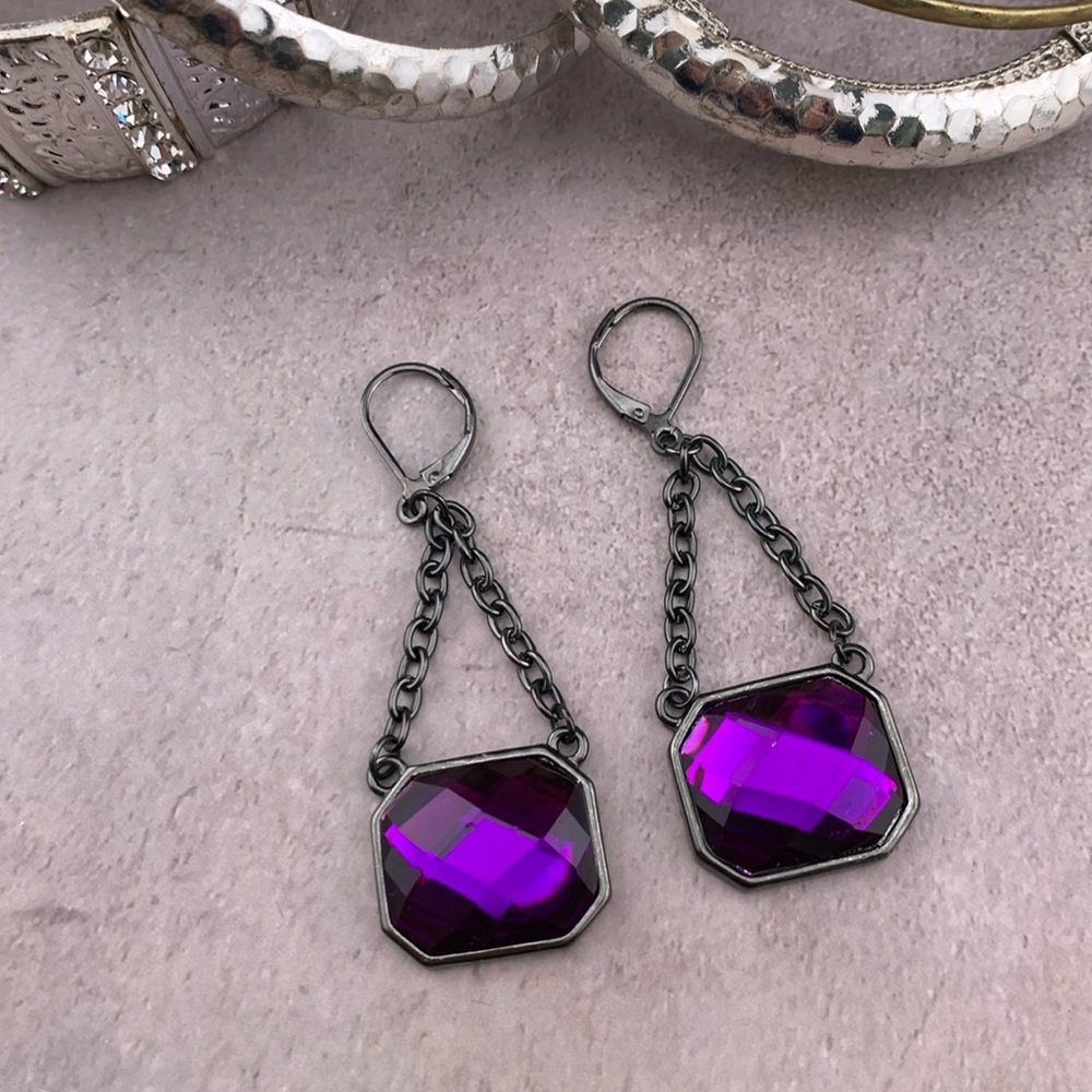 Plum Purple Square Faceted Glass Gunmetal Tone Dangling Earrings
